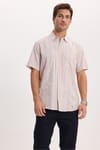 Erkek Regular Fit Klasik Kesim Oversize %100 Pamuk Keten Doku Tek Cepli Çizgili Kısa Kollu Bej Gömlek