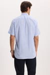 Erkek Regular Fit Klasik Kesim Oversize %100 Pamuk Keten Doku Tek Cepli Çizgili Kısa Kollu Mavi Gömlek