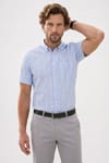 Erkek Regular Fit Klasik Kesim %100 Pamuk Keten Doku Tek Cepli Çizgili Kısa Kollu Gömlek