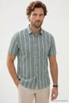 Erkek Regular Fit Klasik Kesim Oversize %100 Pamuk Tek Cepli Çizgili Kısa Kollu Koyu Yeşil Gömlek