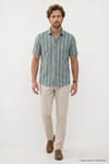 Erkek Regular Fit Klasik Kesim Oversize %100 Pamuk Tek Cepli Çizgili Kısa Kollu Koyu Yeşil Gömlek