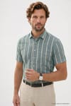 Erkek Regular Fit Klasik Kesim Oversize %100 Pamuk Tek Cepli Çizgili Kısa Kollu Koyu Yeşil Gömlek