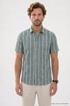 Erkek Regular Fit Klasik Kesim Oversize %100 Pamuk Tek Cepli Çizgili Kısa Kollu Koyu Yeşil Gömlek
