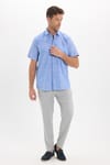 Erkek Regular Fit Klasik Kesim Oversize %100 Pamuk Keten Doku Tek Cepli Çizgili Kısa Kollu Saks Mavi Gömlek