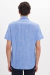 Erkek Regular Fit Klasik Kesim Oversize %100 Pamuk Keten Doku Tek Cepli Çizgili Kısa Kollu Saks Mavi Gömlek