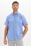 Erkek Regular Fit Klasik Kesim Oversize %100 Pamuk Keten Doku Tek Cepli Çizgili Kısa Kollu Saks Mavi Gömlek