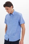 Erkek Regular Fit Klasik Kesim Oversize %100 Pamuk Keten Doku Tek Cepli Çizgili Kısa Kollu Saks Mavi Gömlek