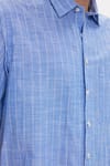 Erkek Regular Fit Klasik Kesim Oversize %100 Pamuk Keten Doku Tek Cepli Çizgili Kısa Kollu Saks Mavi Gömlek