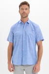 Erkek Regular Fit Klasik Kesim Oversize %100 Pamuk Keten Doku Tek Cepli Çizgili Kısa Kollu Saks Mavi Gömlek