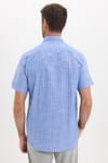 Erkek Regular Fit Klasik Kesim Oversize %100 Pamuk Keten Doku Tek Cepli Çizgili Kısa Kollu Saks Mavi Gömlek