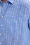 Erkek Regular Fit Klasik Kesim Oversize %100 Pamuk Keten Doku Tek Cepli Çizgili Kısa Kollu Saks Mavi Gömlek