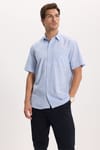 Erkek Regular Fit Klasik Kesim Oversize %100 Pamuk Keten Doku Tek Cepli Çizgili Kısa Kollu Mavi Gömlek