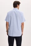 Erkek Regular Fit Klasik Kesim Oversize %100 Pamuk Keten Doku Tek Cepli Çizgili Kısa Kollu Mavi Gömlek