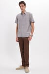 Erkek Regular Fit Klasik Kesim Oversize %100 Pamuk Keten Doku Tek Cepli Çizgili Kısa Kollu Haki Gömlek