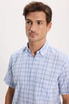  Erkek Regular Fit Klasik Kesim %100 Pamuk Kısa Kollu Kareli Keten Efektli Cepli Mavi Gömlek
