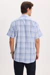  Erkek Regular Fit Klasik Kesim %100 Pamuk Kısa Kollu Kareli Keten Efektli Cepli Mavi Gömlek