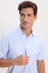 Erkek Regular Fit Klasik Kesim Pamuklu Kısa Kollu Armürlü Mavi Gömlek