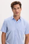 Erkek Regular Fit Klasik Kesim Pamuklu Kısa Kollu Armürlü Mavi Gömlek