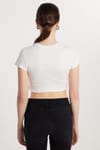 Kadın Slim Fit Dar Kesim %100 Pamuk Bisiklet Yaka Baskılı Beyaz Crop Tişört