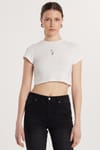 Kadın Slim Fit Dar Kesim %100 Pamuk Bisiklet Yaka Baskılı Beyaz Crop Tişört
