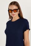 Kadın Slim Fit Dar Kesim Kısa Kollu Bisiklet Yaka Lacivert Tişört