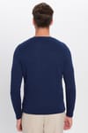 Erkek Slim Fit Bisiklet Yaka Petek Desenli Mavi Triko Kazak