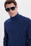 Erkek Slim Fit Tam Boğazlı Yaka Düz Yün Sax Mavi Triko Kazak