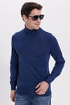 Erkek Slim Fit Tam Boğazlı Yaka Düz Yün Sax Mavi Triko Kazak