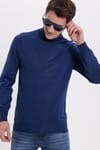 Erkek Slim Fit Tam Boğazlı Yaka Düz Yün Sax Mavi Triko Kazak