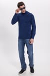 Erkek Slim Fit Tam Boğazlı Yaka Düz Yün Sax Mavi Triko Kazak
