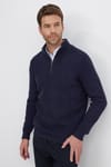 Erkek Slim Fit Dar Kesim Fermuarlı Lacivert Dik Yaka Triko Kazak