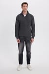Erkek Slim Fit Dar Kesim Fermuarlı Gri Dik Yaka Triko Kazak