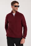Erkek Slim Fit Dar Kesim Fermuarlı Bordo Dik Yaka Triko Kazak