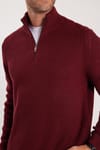 Erkek Slim Fit Dar Kesim Fermuarlı Bordo Dik Yaka Triko Kazak