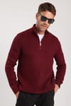 Erkek Slim Fit Dar Kesim Fermuarlı Bordo Dik Yaka Triko Kazak