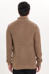 Erkek Slim Fit Dar Kesim Fermuarlı Koyu Vizon Dik Yaka Triko Kazak
