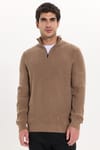Erkek Slim Fit Dar Kesim Fermuarlı Koyu Vizon Dik Yaka Triko Kazak