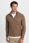 Erkek Slim Fit Dar Kesim Fermuarlı Koyu Vizon Dik Yaka Triko Kazak