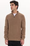 Erkek Slim Fit Dar Kesim Fermuarlı Koyu Vizon Dik Yaka Triko Kazak