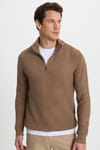 Erkek Slim Fit Dar Kesim Fermuarlı Koyu Vizon Dik Yaka Triko Kazak