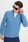 Erkek Slim Fit Dar Kesim Fermuarlı İndigo Dik Yaka Triko Kazak