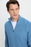 Erkek Slim Fit Dar Kesim Fermuarlı İndigo Dik Yaka Triko Kazak