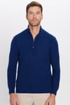 Erkek Slim Fit Dar Kesim Fermuarlı Sax Mavi Dik Yaka Triko Kazak