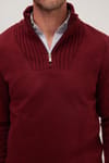Erkek Slim Fit Dar Kesim Armürlü Fermuarlı Bordo Dik Yaka Kazak