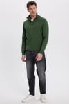 Erkek Slim Fit Dar Kesim Armürlü Fermuarlı Yeşil Dik Yaka Kazak