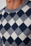 Slim Fit Bisiklet Yaka Baklava Desenli Gri Erkek Kazak