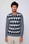 Slim Fit Bisiklet Yaka Baklava Desenli Gri Erkek Kazak