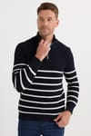 Erkek Slim Fit Fermuarlı Dik Yaka Çizgili Pamuklu Triko Kazak