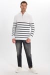 Erkek Slim Fit Fermuarlı Dik Yaka Çizgili Pamuklu Triko Kazak