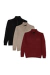 Erkek 3'lü Paket Siyah-Bordo-Açık Kahve Slim Fit Dar Kesim Fermuarlı Dik Yaka Triko Kazak